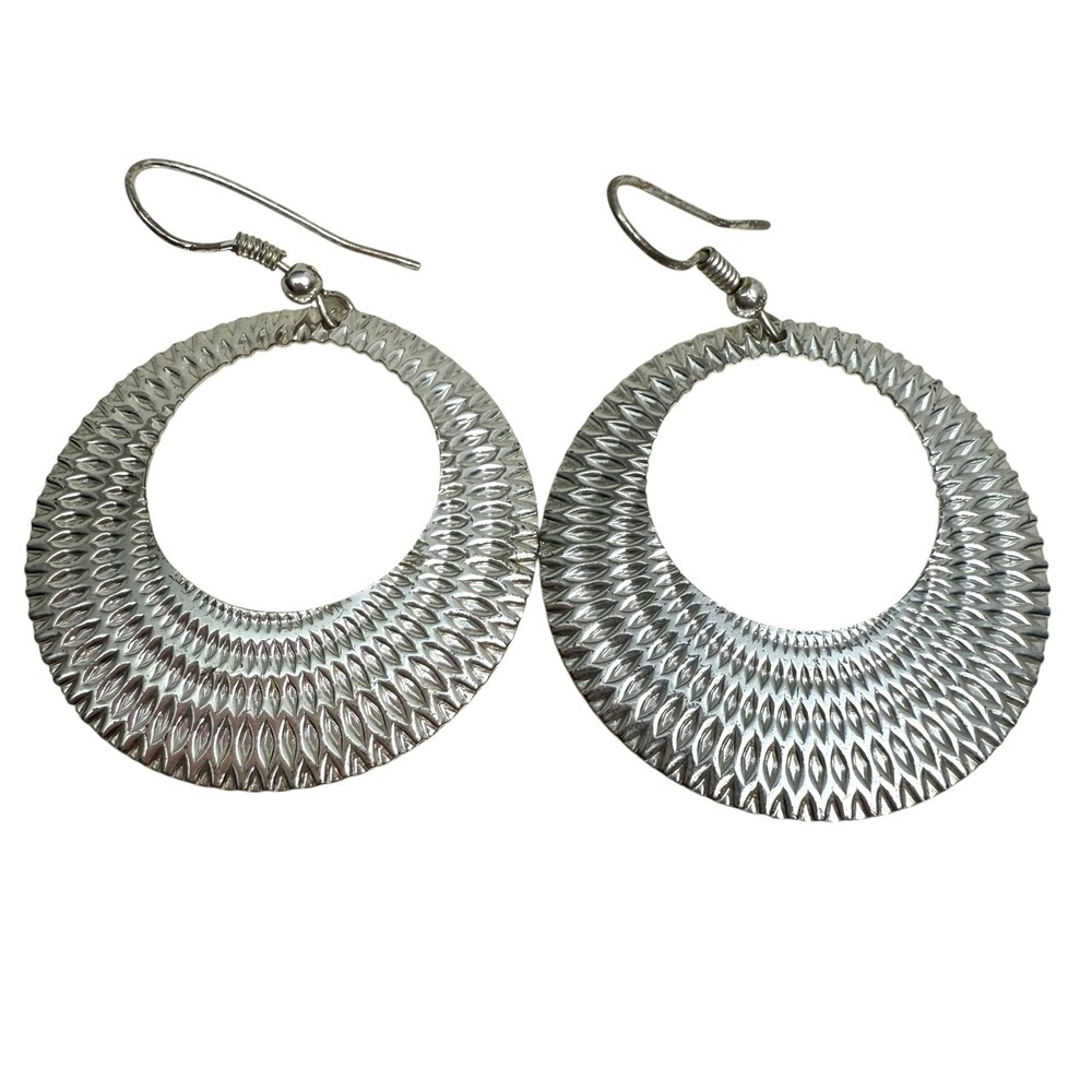 Silver Tone Hoop Dangle Drop Earrings Textured Openwork Fashion Jewelry